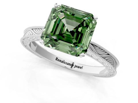 White gold Fancy Green Asscher Cut Solitaire Milgrain Engraved Band with Four-Prong Setting_13