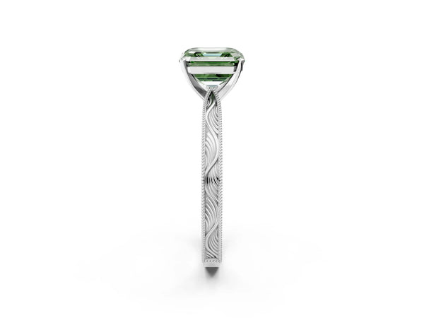 Platinum Asscher Cut Solitaire Engagement Ring Setting for Fancy Green Center with Engraved Band