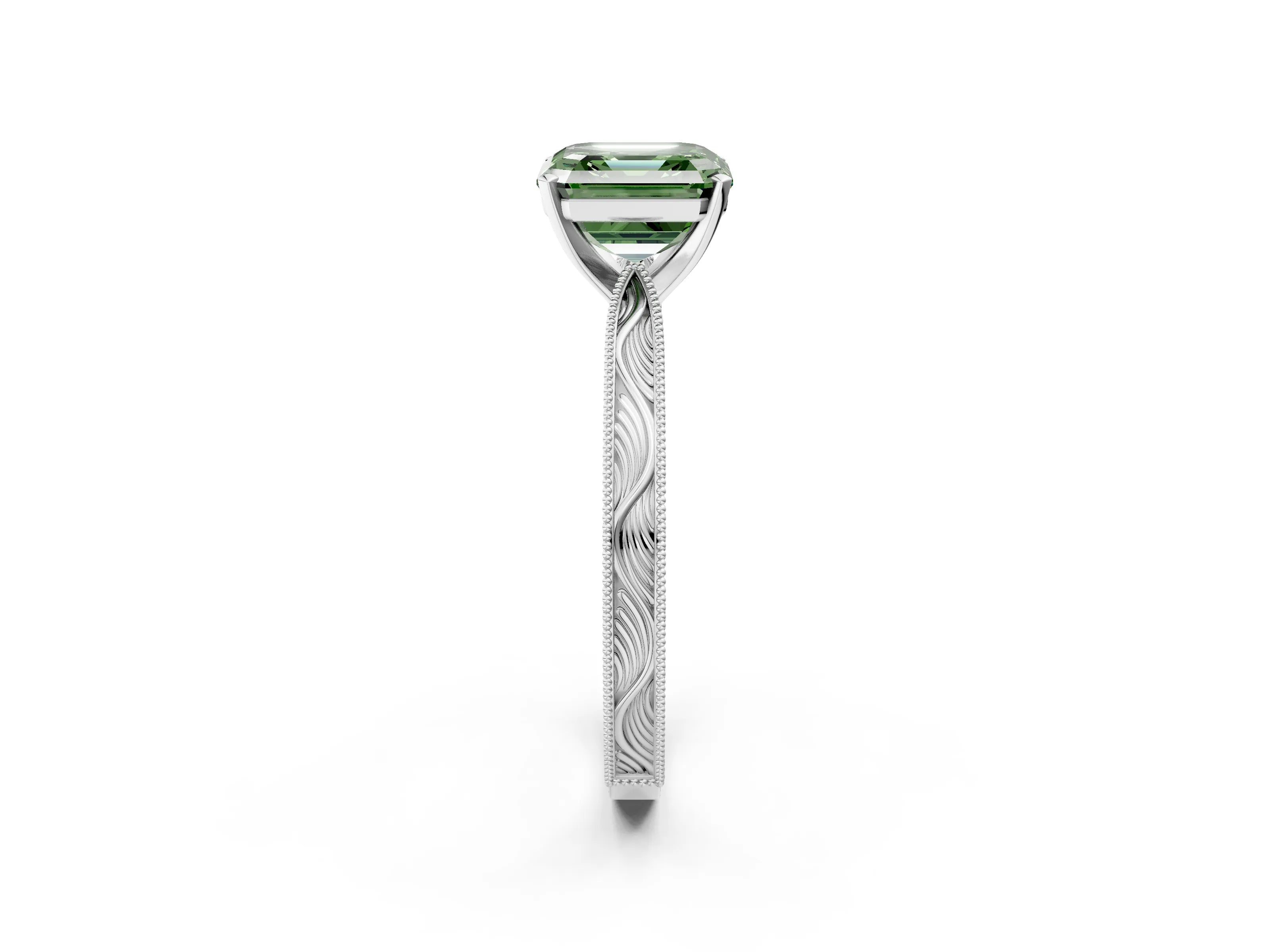 White gold Fancy Green Asscher Cut Solitaire Milgrain Engraved Band with Four-Prong Setting_14
