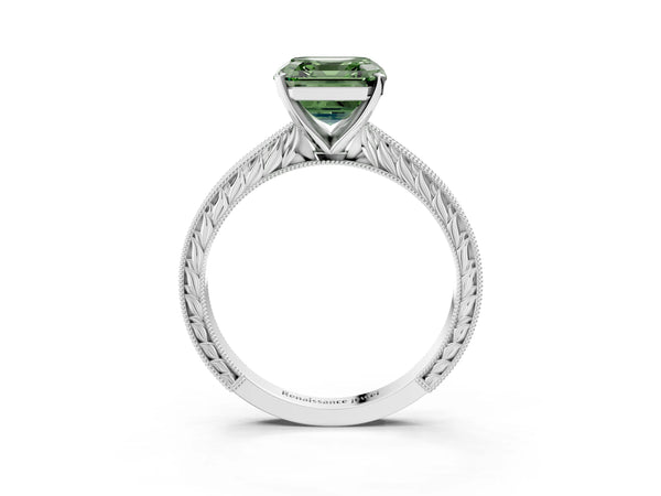 Platinum Asscher Cut Solitaire Engagement Ring Setting for Fancy Green Center with Engraved Band