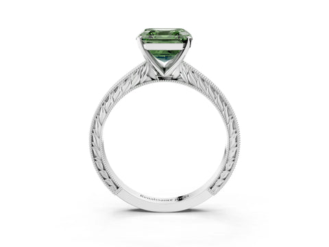 White gold Fancy Green Asscher Cut Solitaire Milgrain Engraved Band with Four-Prong Setting_15