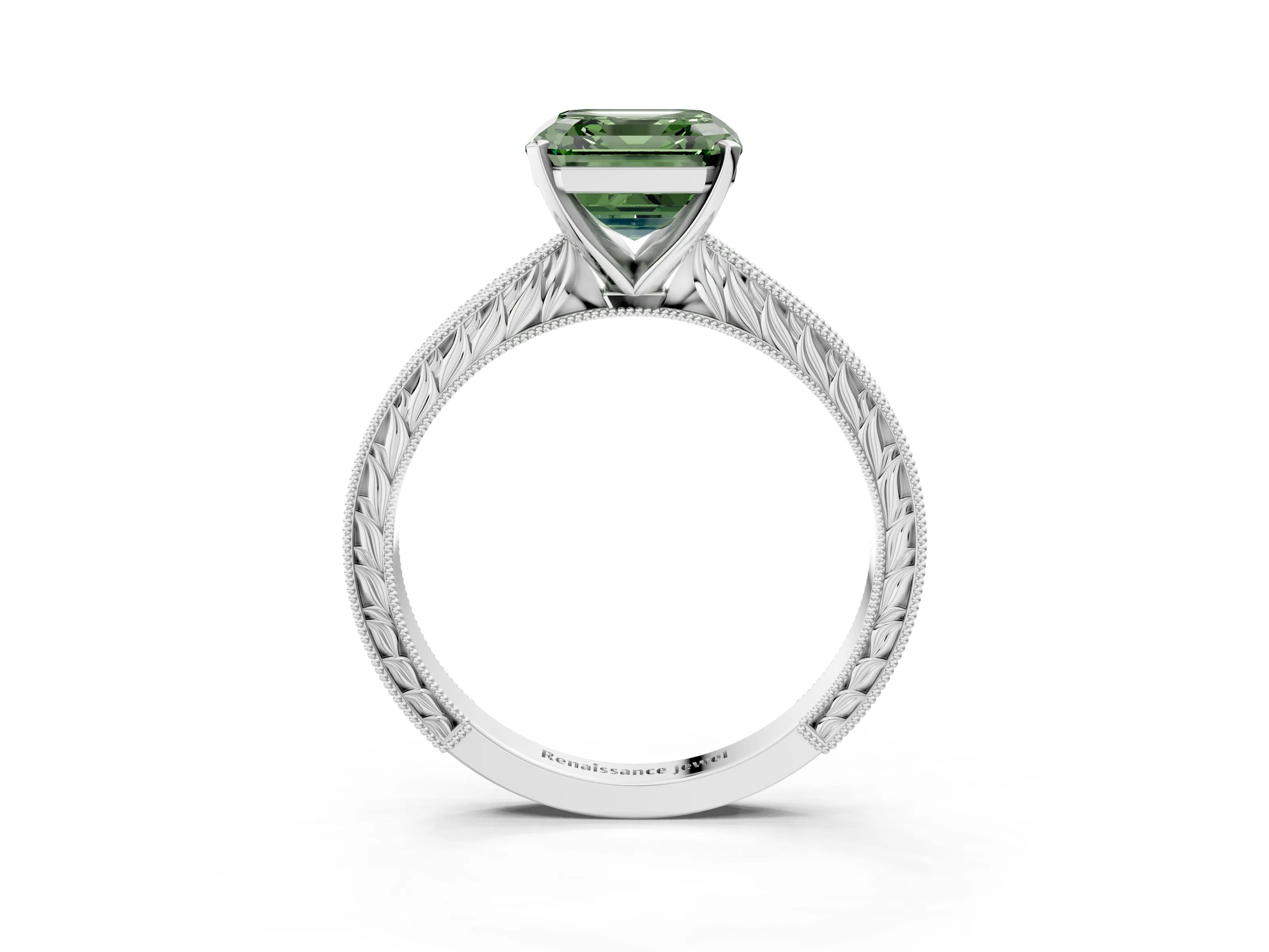 White gold Fancy Green Asscher Cut Solitaire Milgrain Engraved Band with Four-Prong Setting_15