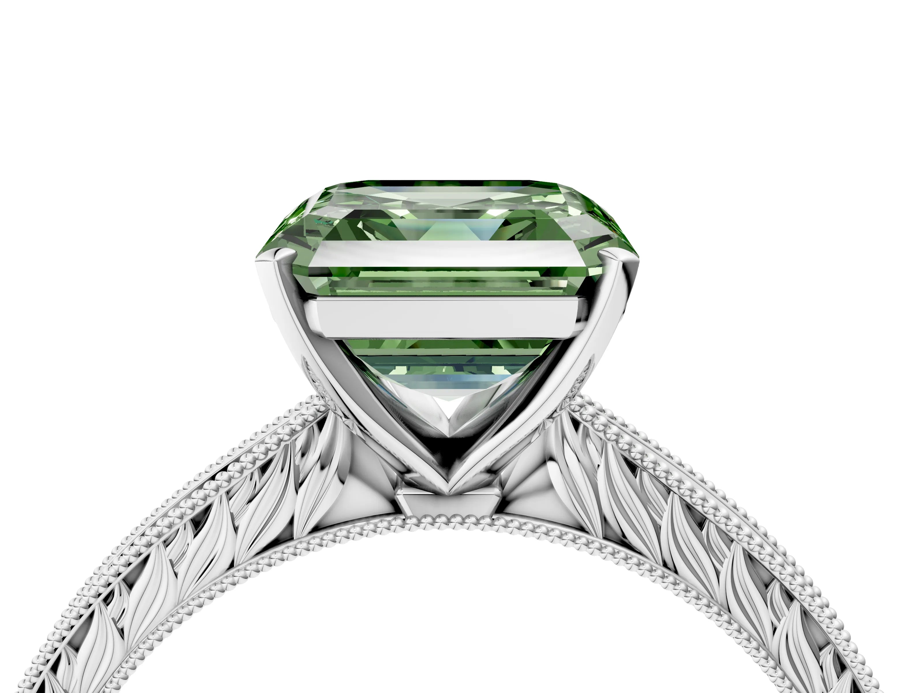 White gold Fancy Green Asscher Cut Solitaire Milgrain Engraved Band with Four-Prong Setting_16