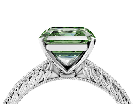 White gold Fancy Green Asscher Cut Solitaire Milgrain Engraved Band with Four-Prong Setting_16