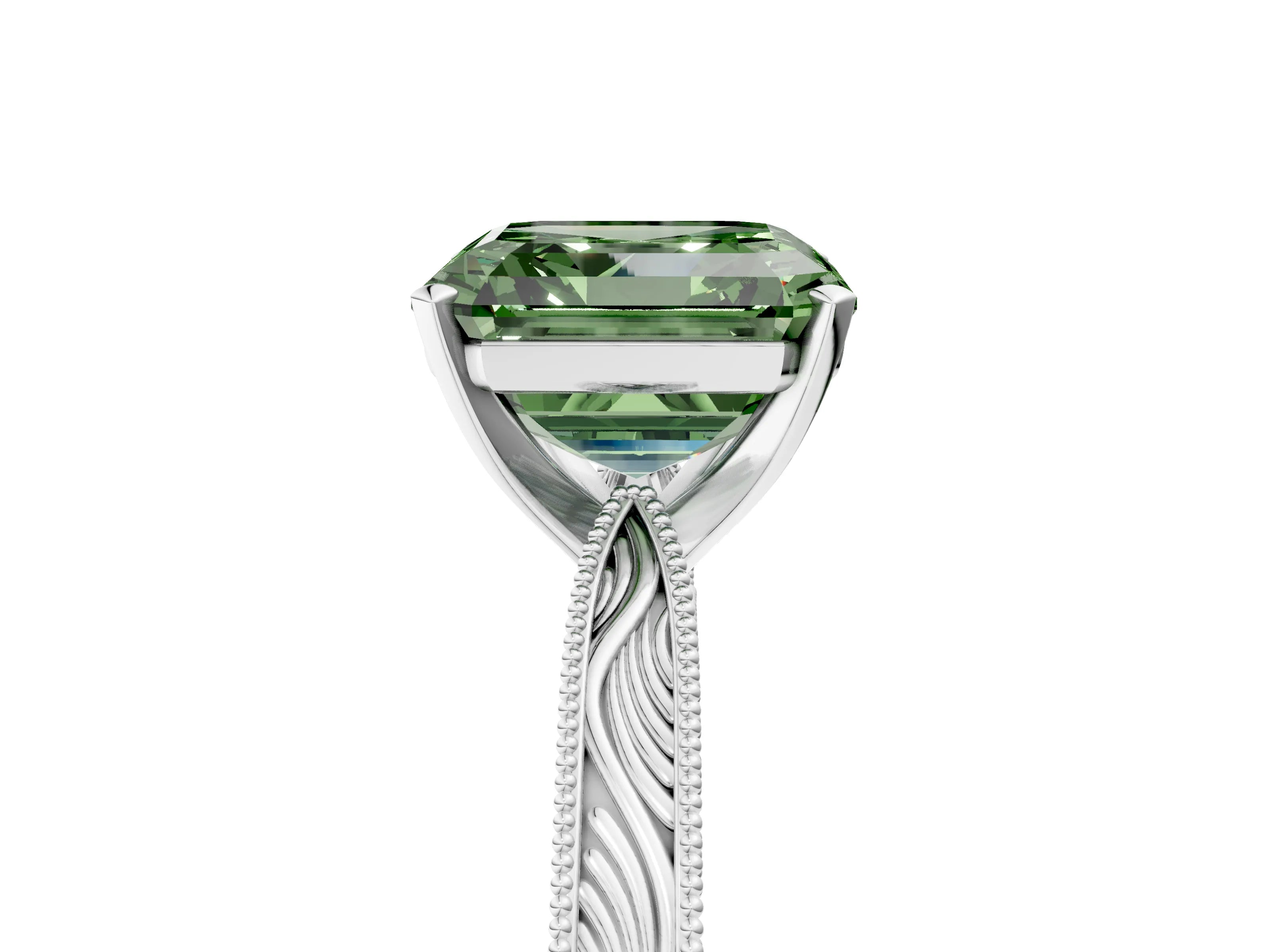 White gold Fancy Green Asscher Cut Solitaire Milgrain Engraved Band with Four-Prong Setting_17
