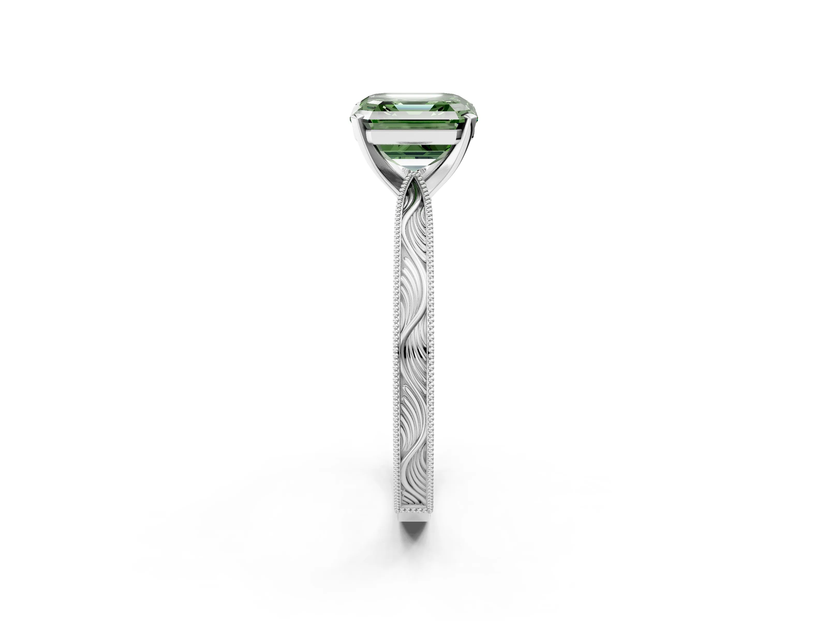 White gold Fancy Green Asscher Cut Solitaire Milgrain Engraved Band with Four-Prong Setting_2