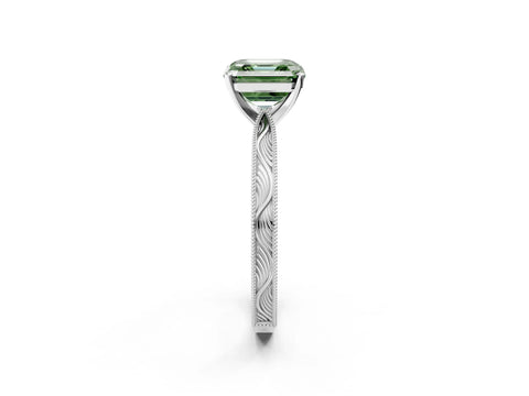 White gold Fancy Green Asscher Cut Solitaire Milgrain Engraved Band with Four-Prong Setting_2