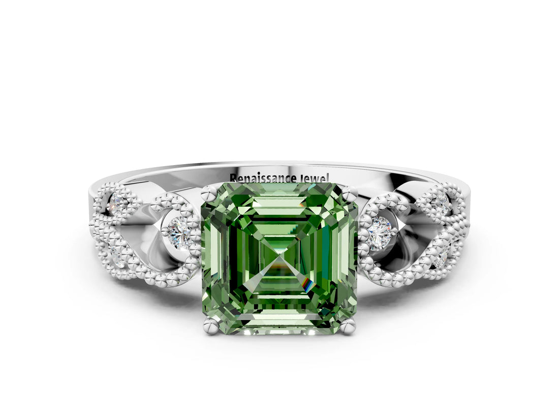 White gold Fancy Green Asscher Cut Solitaire Milgrain Leaf Band with Prong Setting_13