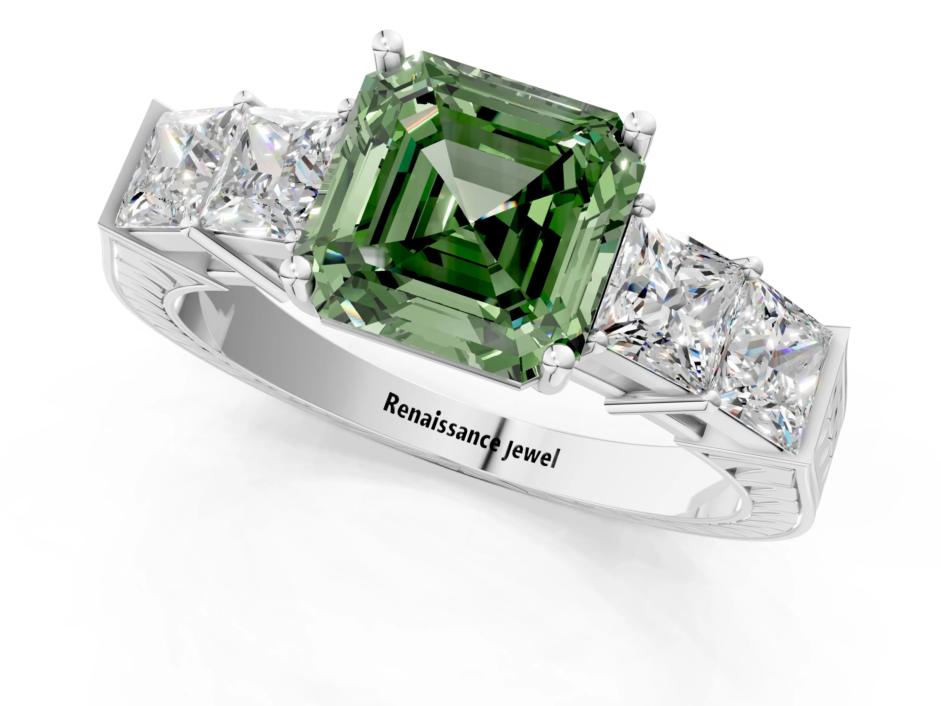 White gold Fancy Green Asscher Cut Solitaire Princess Side Stone Engraved Band Prong Setting Ring_13