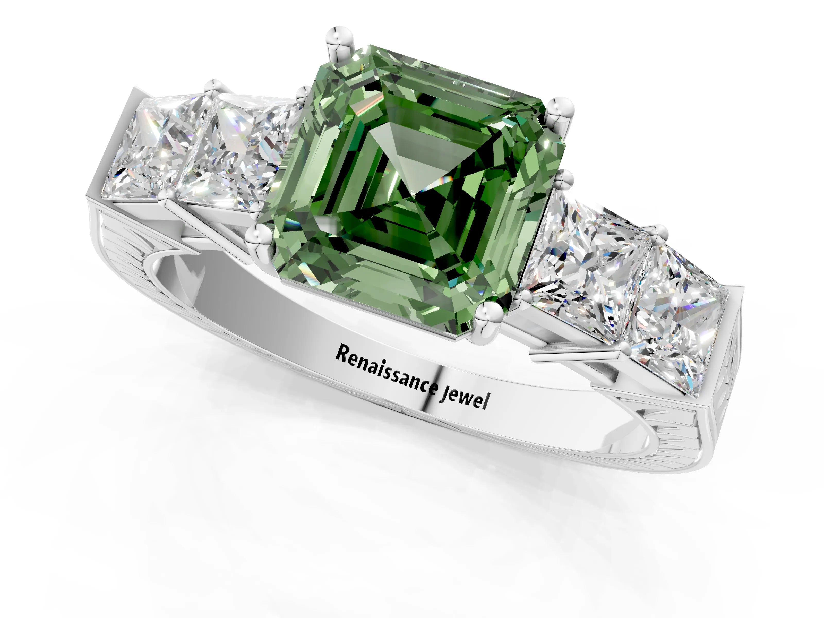White gold Fancy Green Asscher Cut Solitaire Princess Side Stone Engraved Band Prong Setting Ring_1