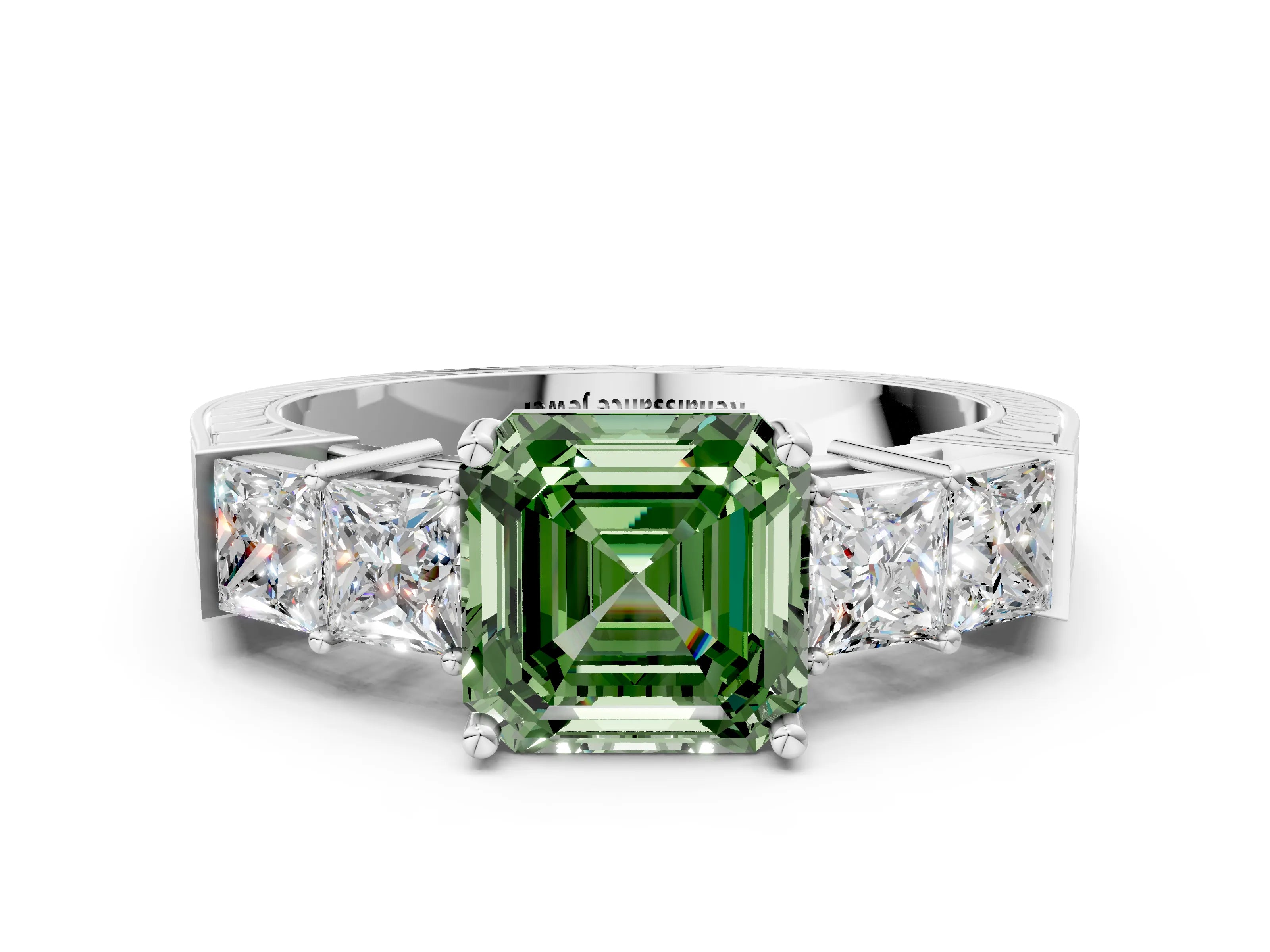 White gold Fancy Green Asscher Cut Solitaire Princess Side Stone Engraved Band Prong Setting Ring_24