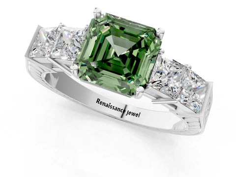 White gold Fancy Green Asscher Cut Solitaire Princess Side Stone Engraved Band Prong Setting Ring_25