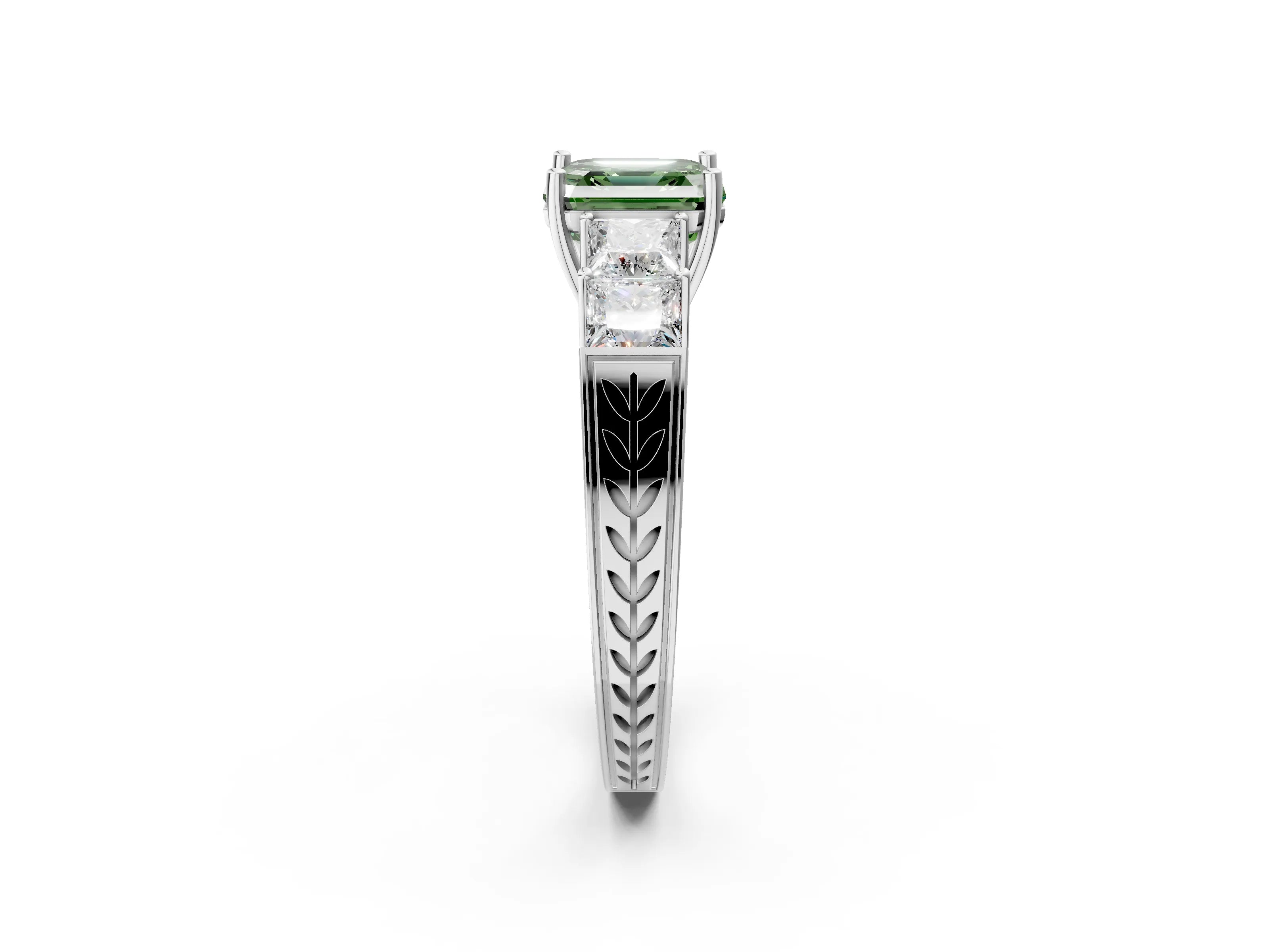 White gold Fancy Green Asscher Cut Solitaire Princess Side Stone Engraved Band Prong Setting Ring_26