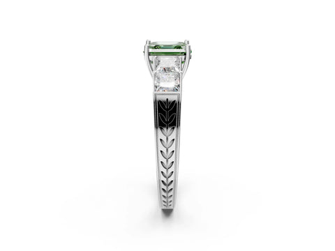 White gold Fancy Green Asscher Cut Solitaire Princess Side Stone Engraved Band Prong Setting Ring_26