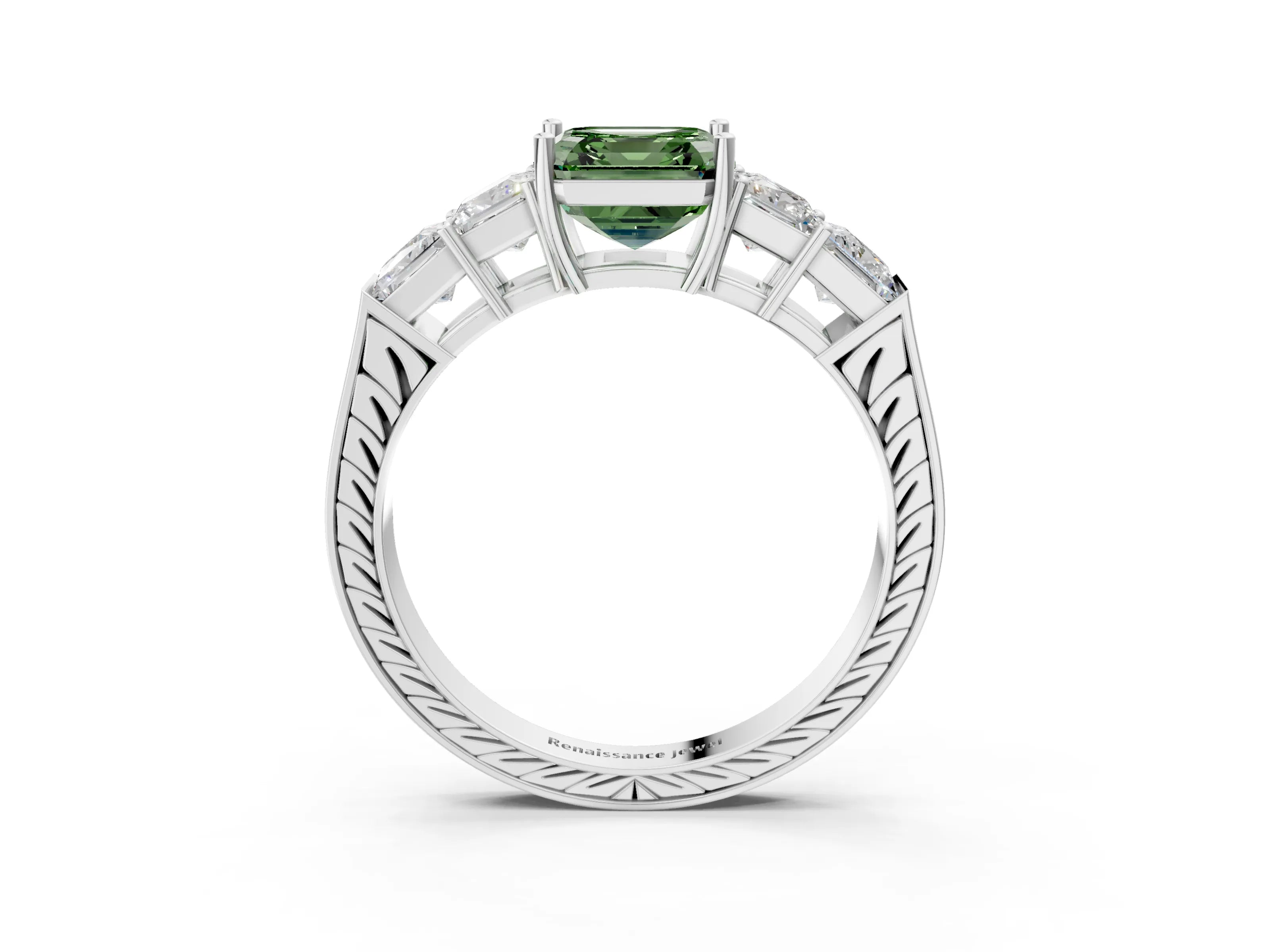 White gold Fancy Green Asscher Cut Solitaire Princess Side Stone Engraved Band Prong Setting Ring_27