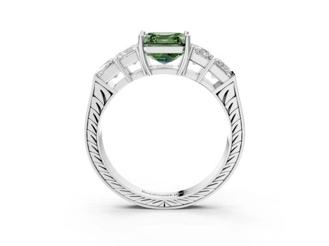 White gold Fancy Green Asscher Cut Solitaire Princess Side Stone Engraved Band Prong Setting Ring_27