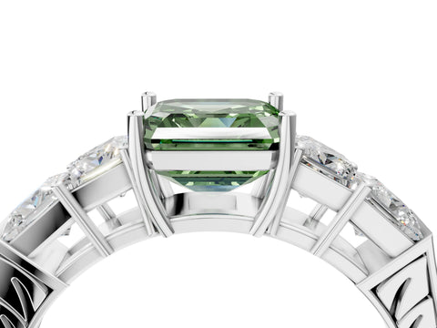 White gold Fancy Green Asscher Cut Solitaire Princess Side Stone Engraved Band Prong Setting Ring_28