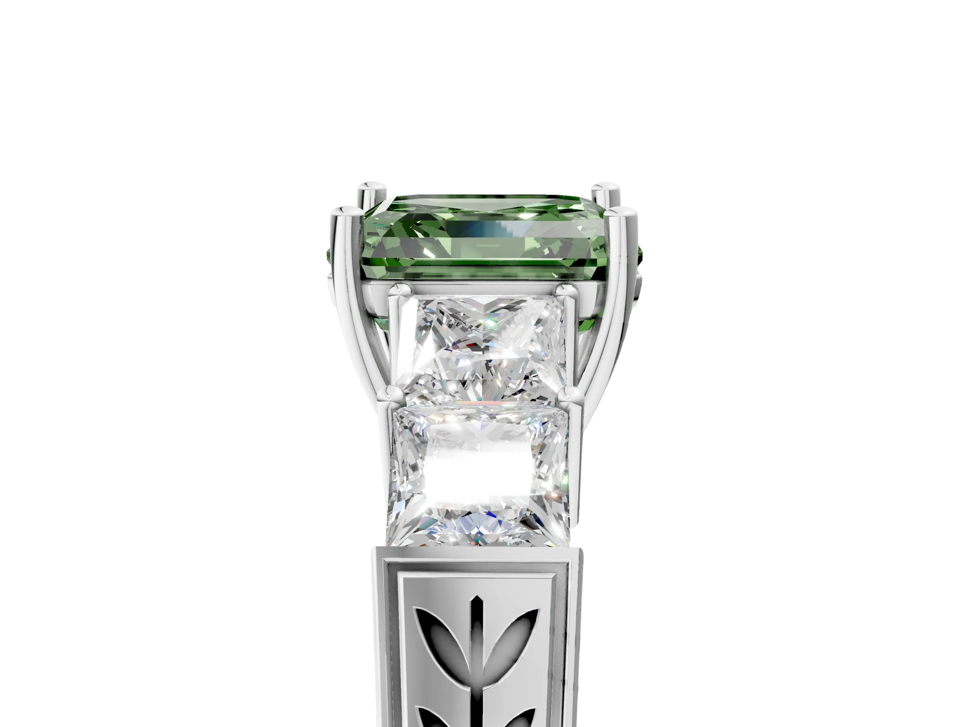 White gold Fancy Green Asscher Cut Solitaire Princess Side Stone Engraved Band Prong Setting Ring_29