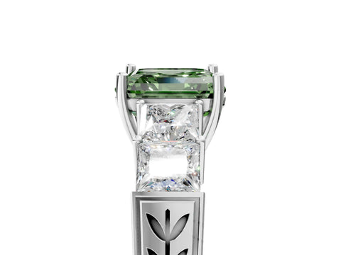 White gold Fancy Green Asscher Cut Solitaire Princess Side Stone Engraved Band Prong Setting Ring_29