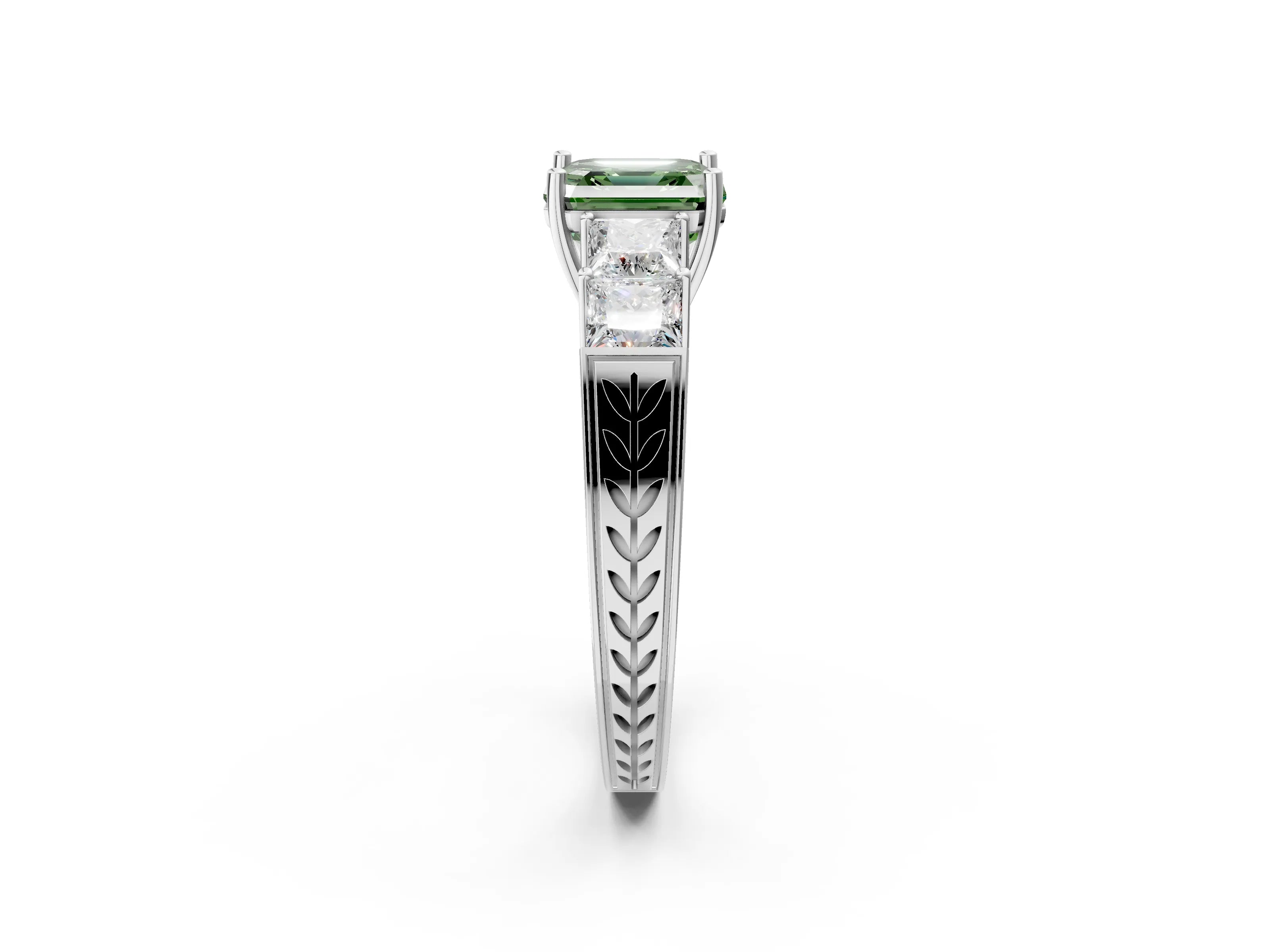 White gold Fancy Green Asscher Cut Solitaire Princess Side Stone Engraved Band Prong Setting Ring_2