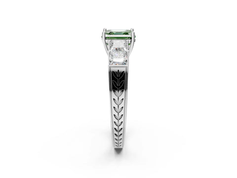 White gold Fancy Green Asscher Cut Solitaire Princess Side Stone Engraved Band Prong Setting Ring_2