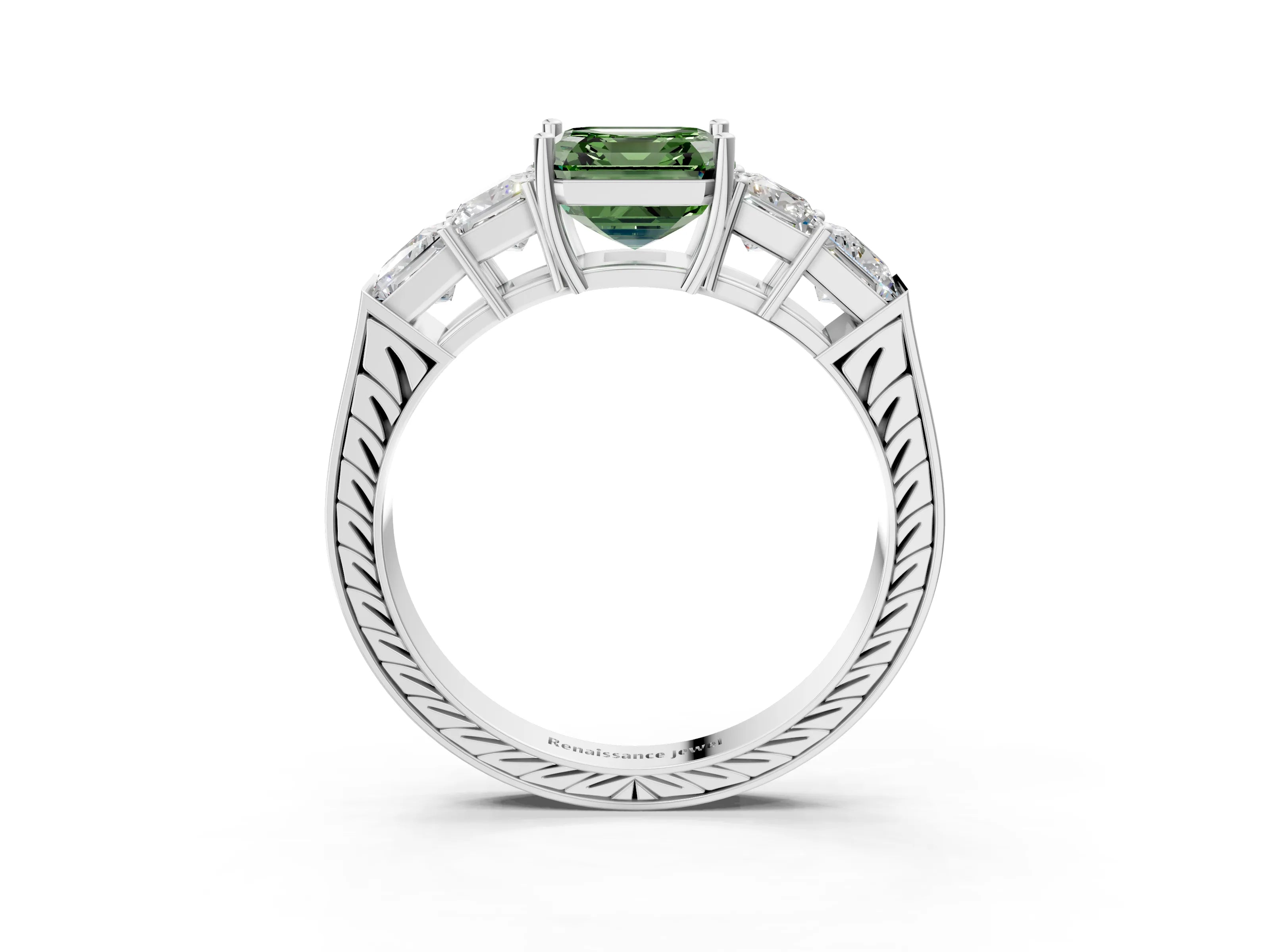White gold Fancy Green Asscher Cut Solitaire Princess Side Stone Engraved Band Prong Setting Ring_3