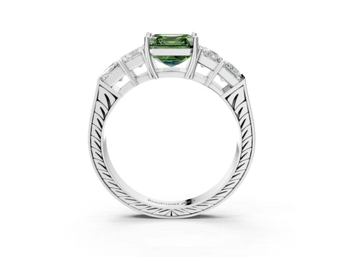 White gold Fancy Green Asscher Cut Solitaire Princess Side Stone Engraved Band Prong Setting Ring_3