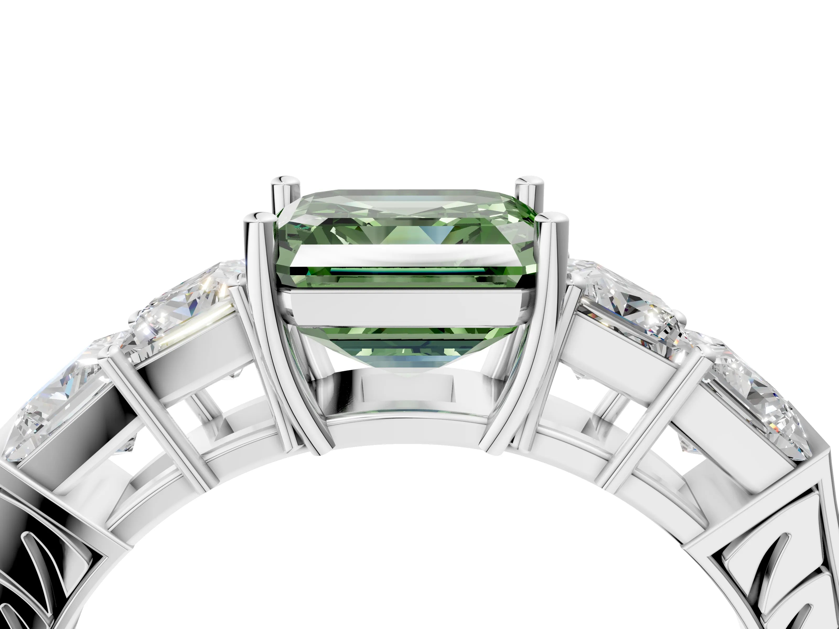 White gold Fancy Green Asscher Cut Solitaire Princess Side Stone Engraved Band Prong Setting Ring_4