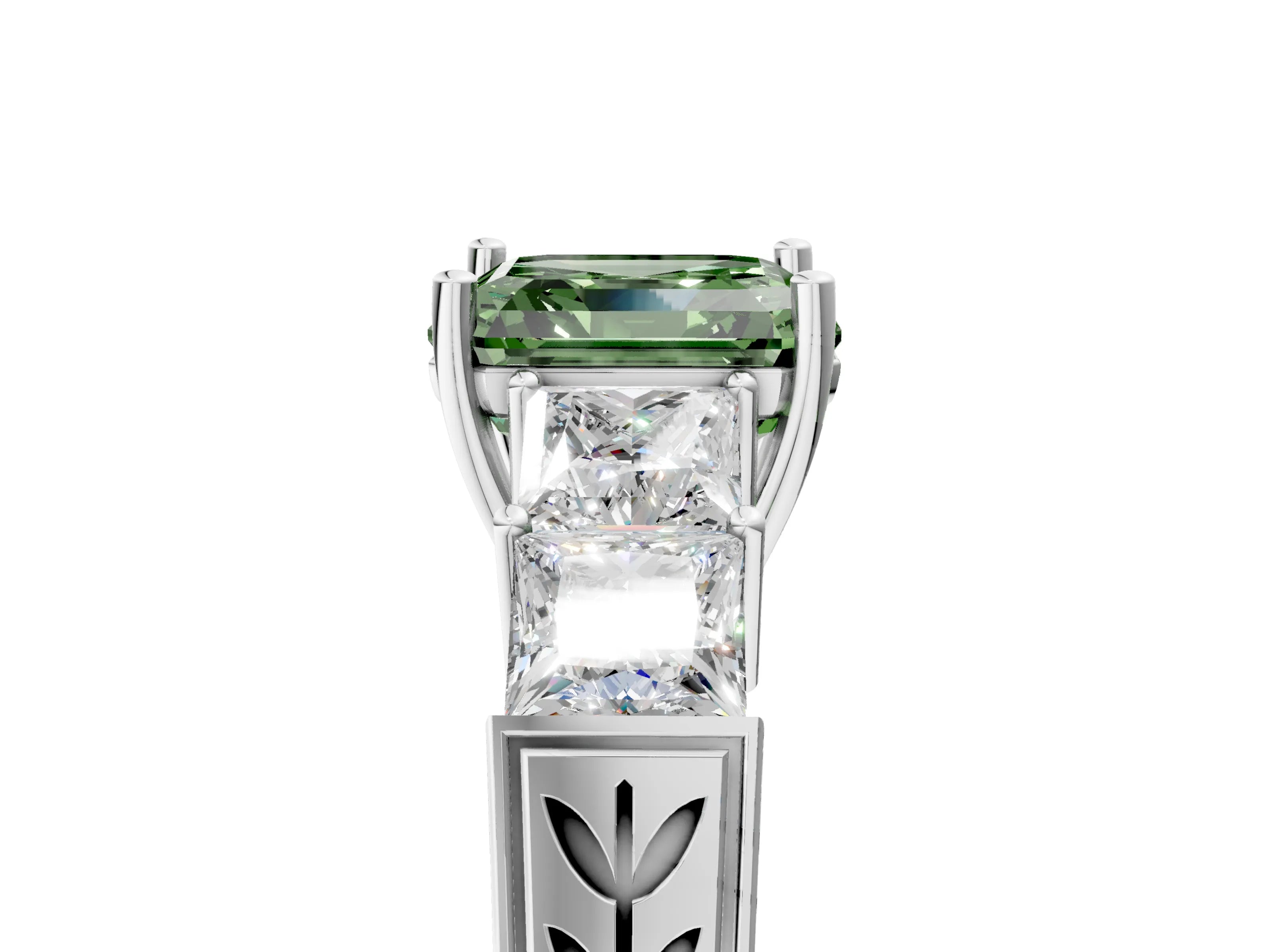 White gold Fancy Green Asscher Cut Solitaire Princess Side Stone Engraved Band Prong Setting Ring_5
