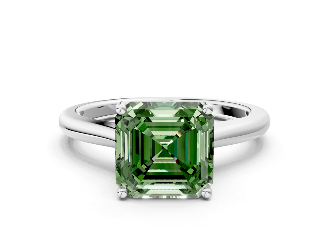 White gold Fancy Green Asscher  Cut Solitaire Ring with Cathedral Band and Four-Prong Setting