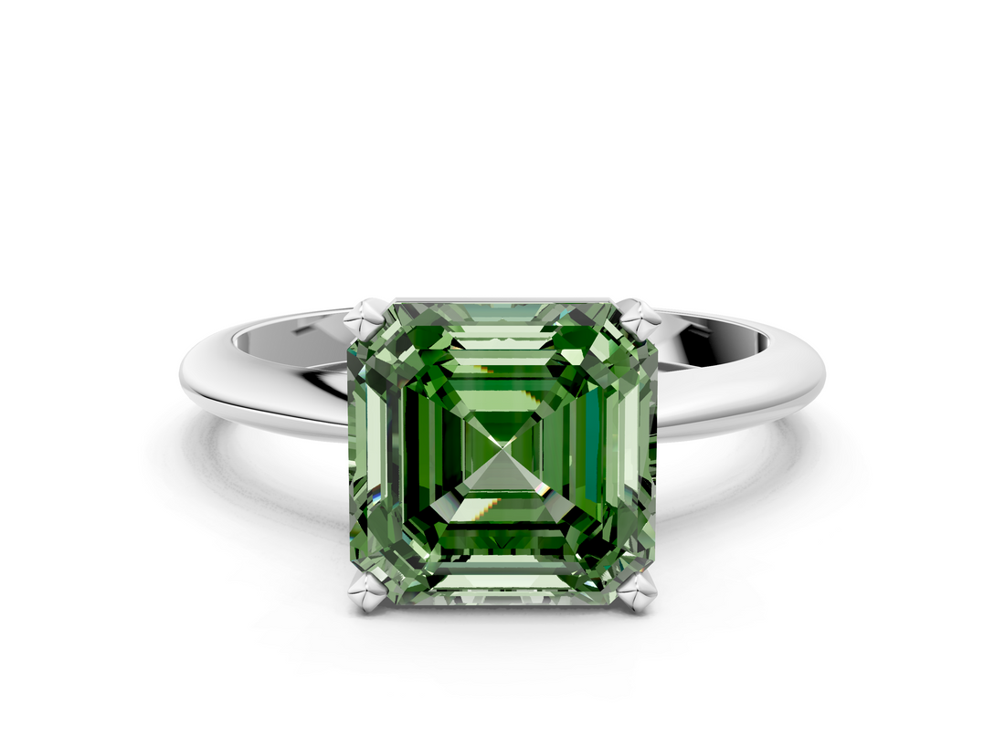 White gold Fancy Green Asscher  Cut Solitaire Ring with Four-Prong Setting on a Classic Band