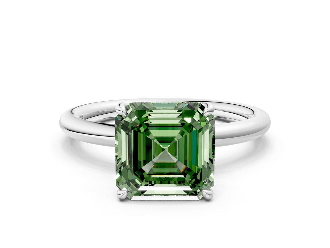 White gold Fancy Green Asscher  Cut Solitaire Ring with Thin Band and Four-Prong Setting_17