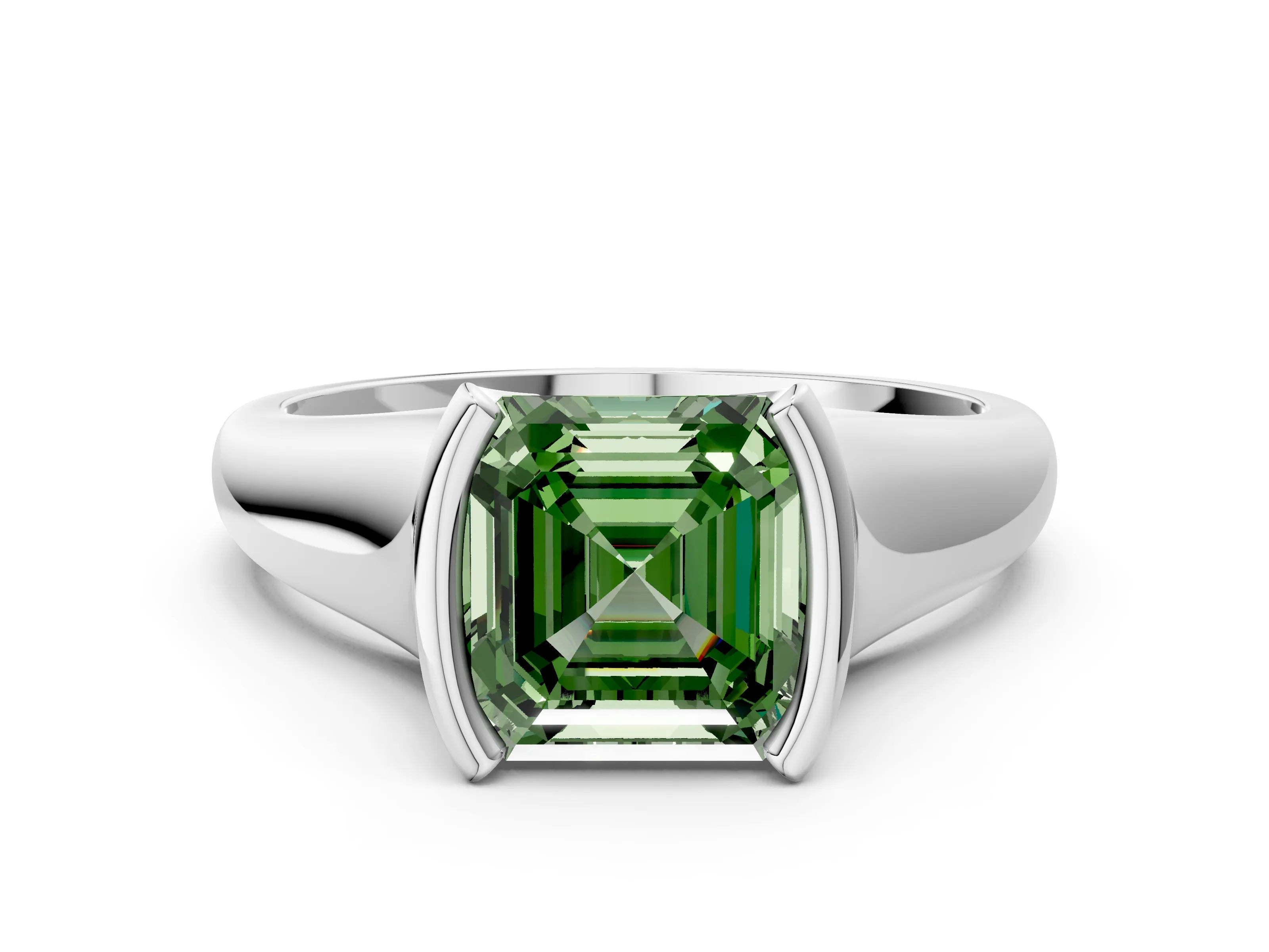 White gold Fancy Green Asscher Cut Solitaire Tension Set Diamond Ring with Split Shank Band_12