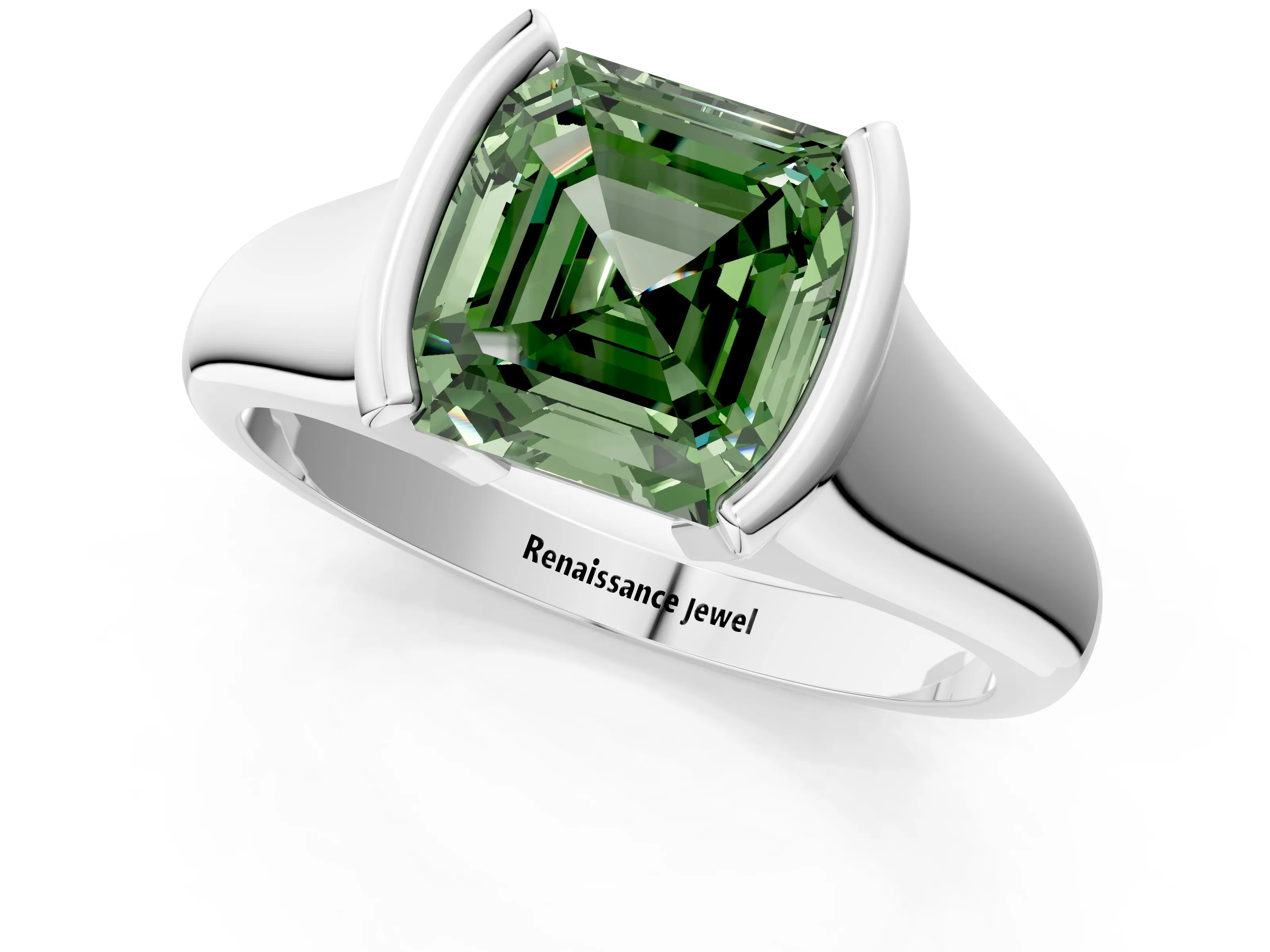 White gold Fancy Green Asscher Cut Solitaire Tension Set Diamond Ring with Split Shank Band_13