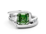 White gold Fancy Green Asscher Cut Solitaire Tension-Set Diamond Split Shank Ring