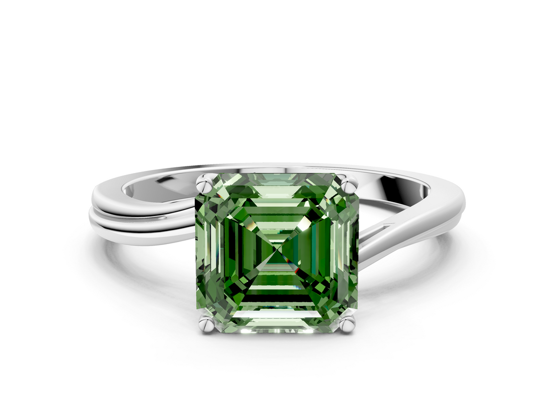 White gold Fancy Green Asscher  Cut Solitaire Twist Band Ring with Four-Prong Setting_17