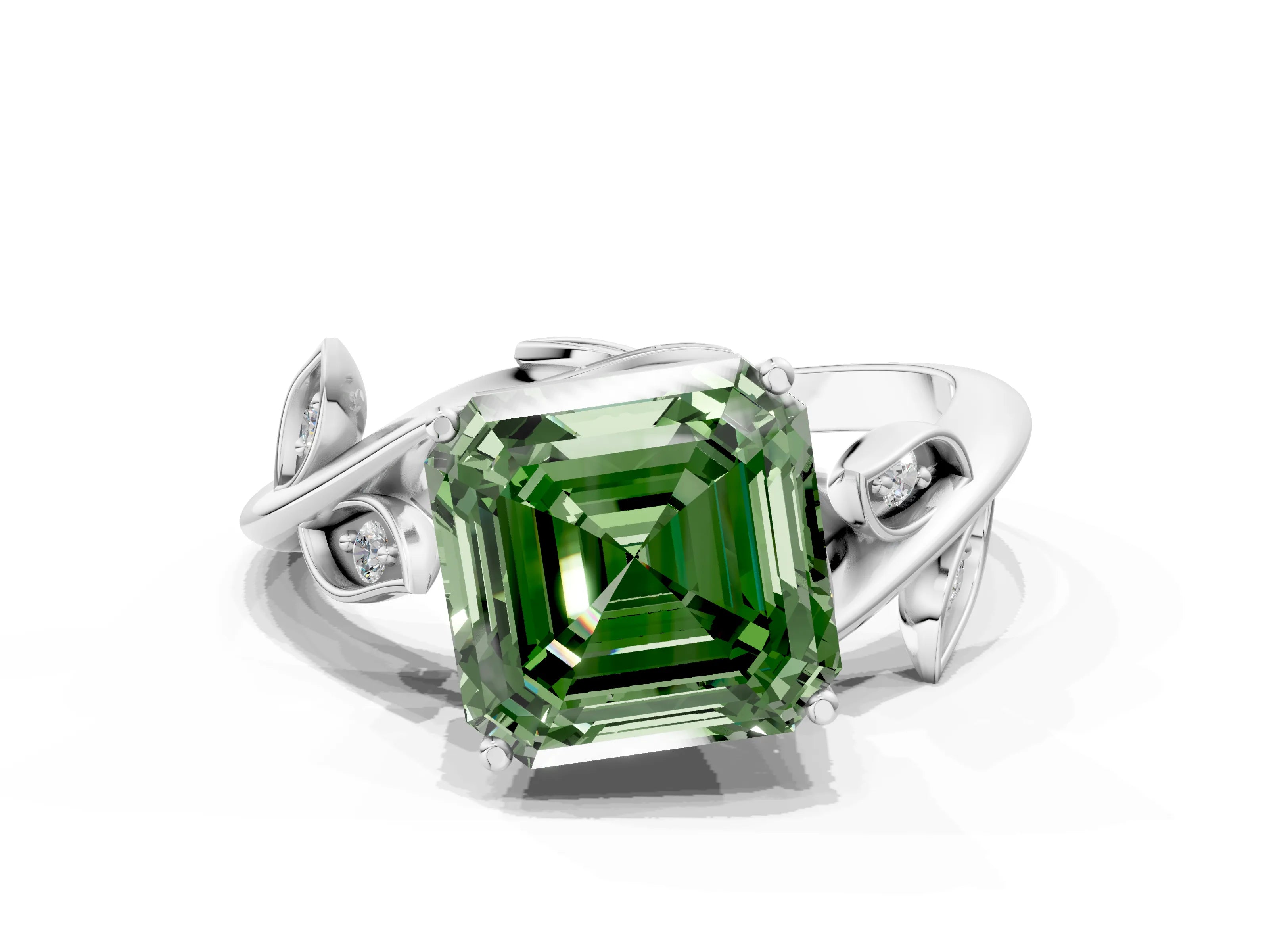 White gold Fancy Green Asscher Cut Solitaire Twist Engagement Ring with Leaf Accents and Prong Setting