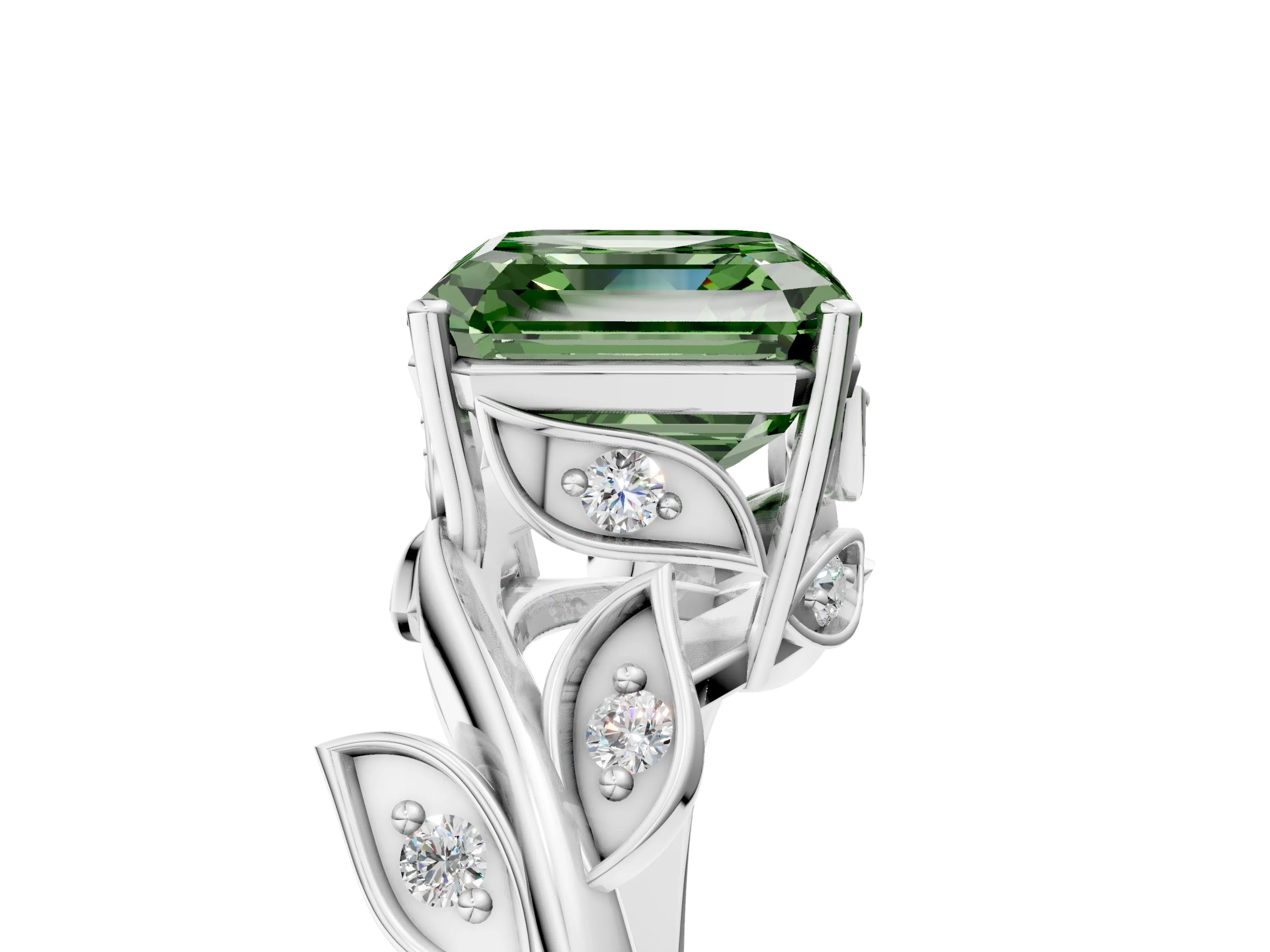 White gold Fancy Green Asscher Cut Solitaire Twist Engagement Ring with Leaf Accents and Prong Setting_11