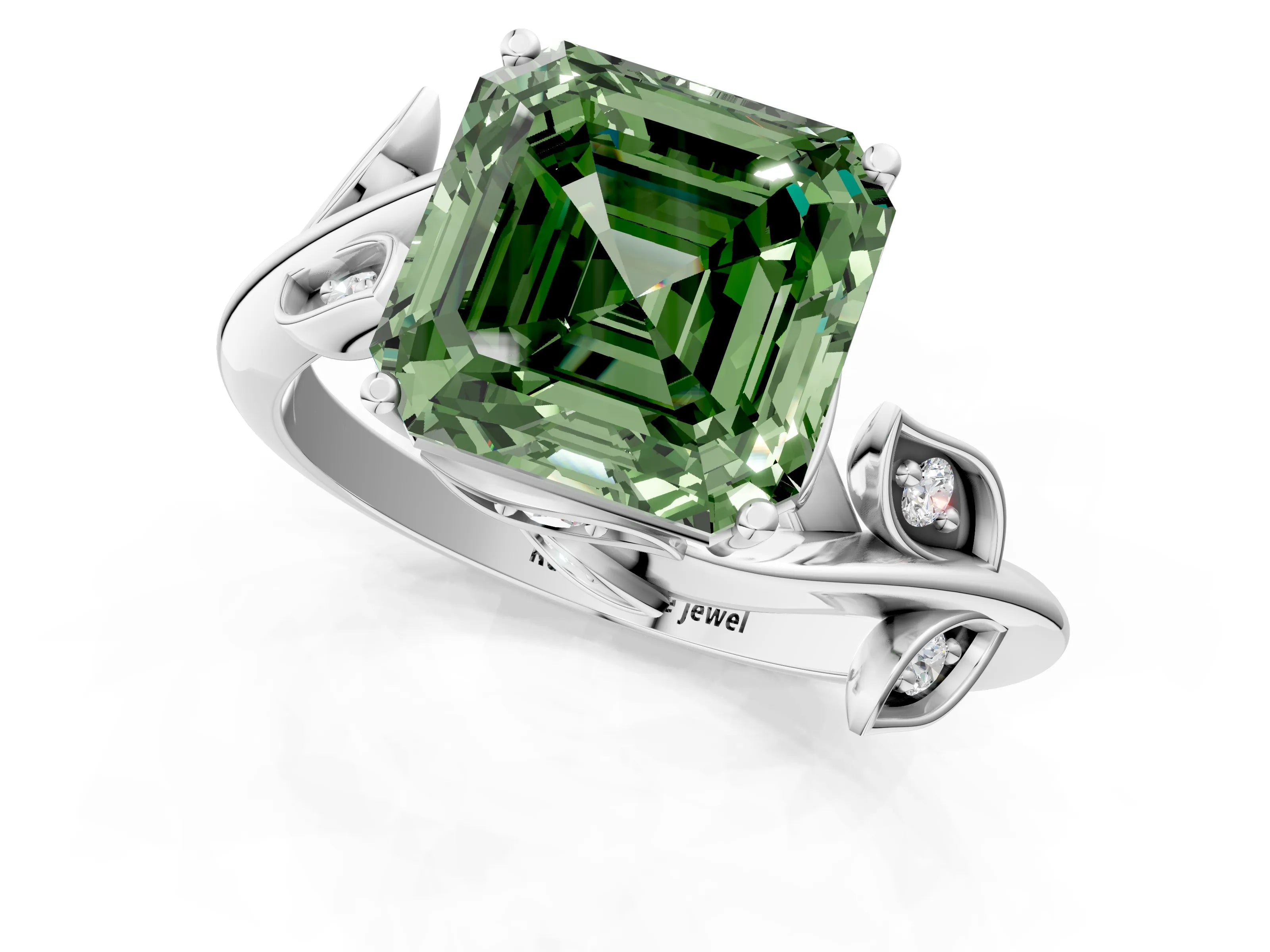White gold Fancy Green Asscher Cut Solitaire Twist Engagement Ring with Leaf Accents and Prong Setting_13