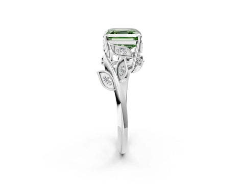 White gold Fancy Green Asscher Cut Solitaire Twist Engagement Ring with Leaf Accents and Prong Setting_14