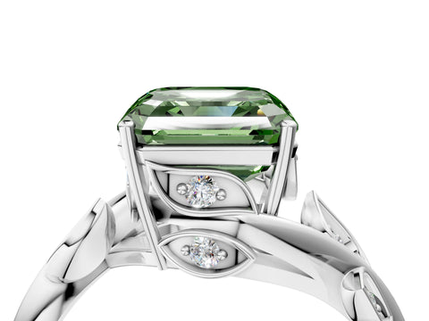White gold Fancy Green Asscher Cut Solitaire Twist Engagement Ring with Leaf Accents and Prong Setting_16