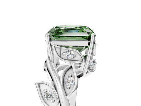 White gold Fancy Green Asscher Cut Solitaire Twist Engagement Ring with Leaf Accents and Prong Setting_17