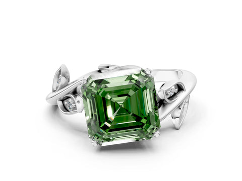 White gold Fancy Green Asscher Cut Solitaire Twist Engagement Ring with Leaf Accents and Prong Setting_18