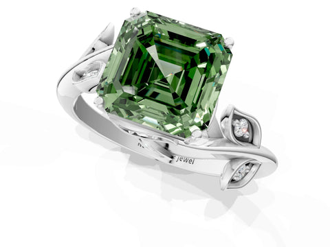 White gold Fancy Green Asscher Cut Solitaire Twist Engagement Ring with Leaf Accents and Prong Setting_1