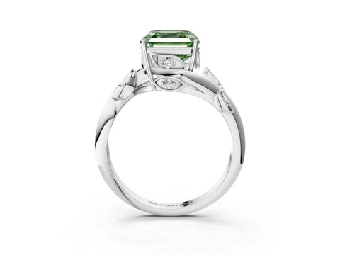 White gold Fancy Green Asscher Cut Solitaire Twist Engagement Ring with Leaf Accents and Prong Setting_21