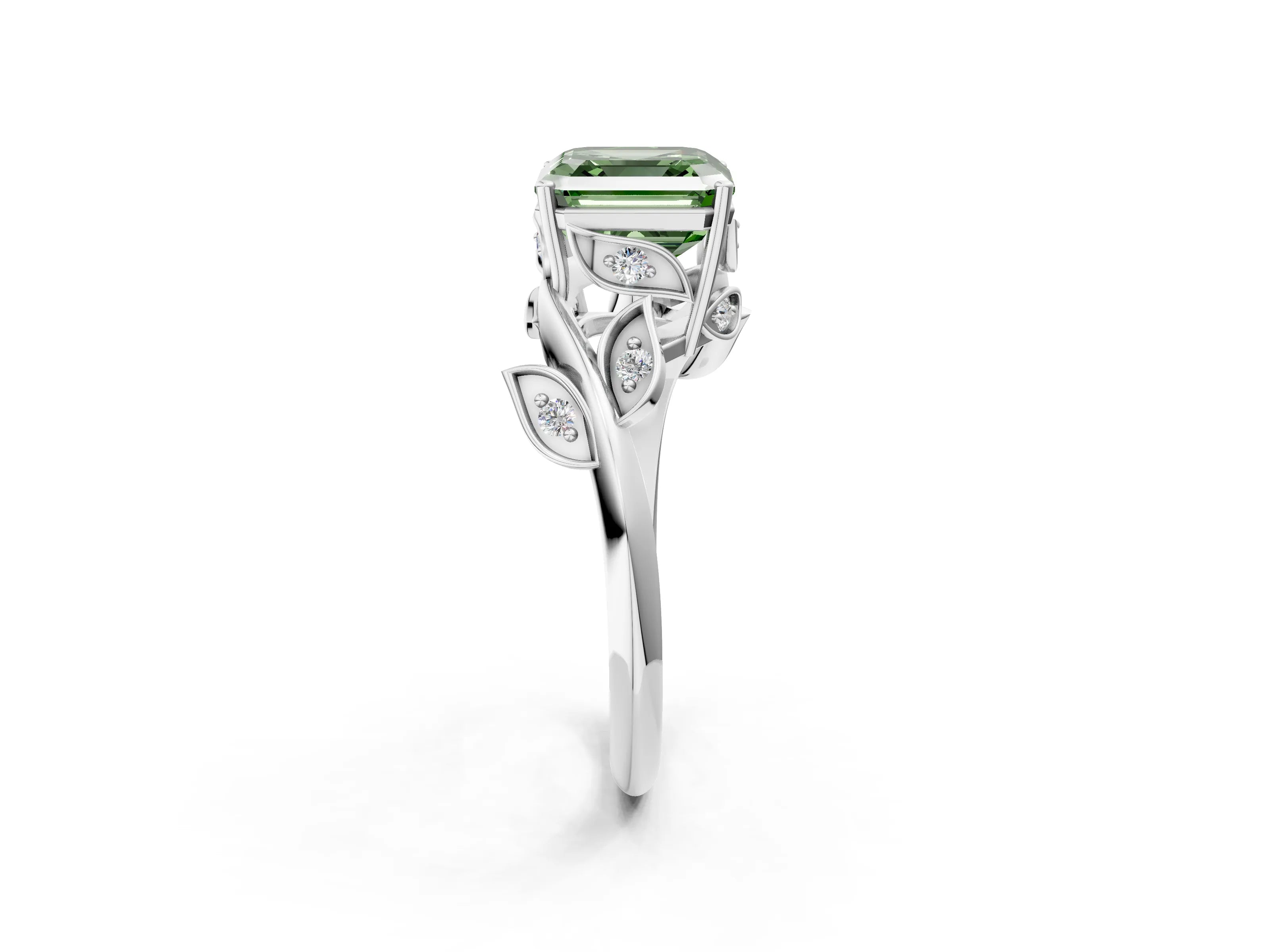 White gold Fancy Green Asscher Cut Solitaire Twist Engagement Ring with Leaf Accents and Prong Setting_2