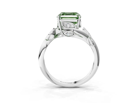 White gold Fancy Green Asscher Cut Solitaire Twist Engagement Ring with Leaf Accents and Prong Setting_3