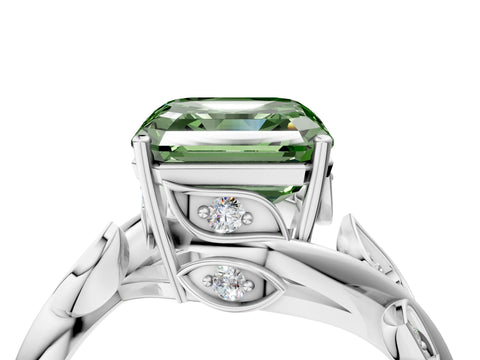 White gold Fancy Green Asscher Cut Solitaire Twist Engagement Ring with Leaf Accents and Prong Setting_4