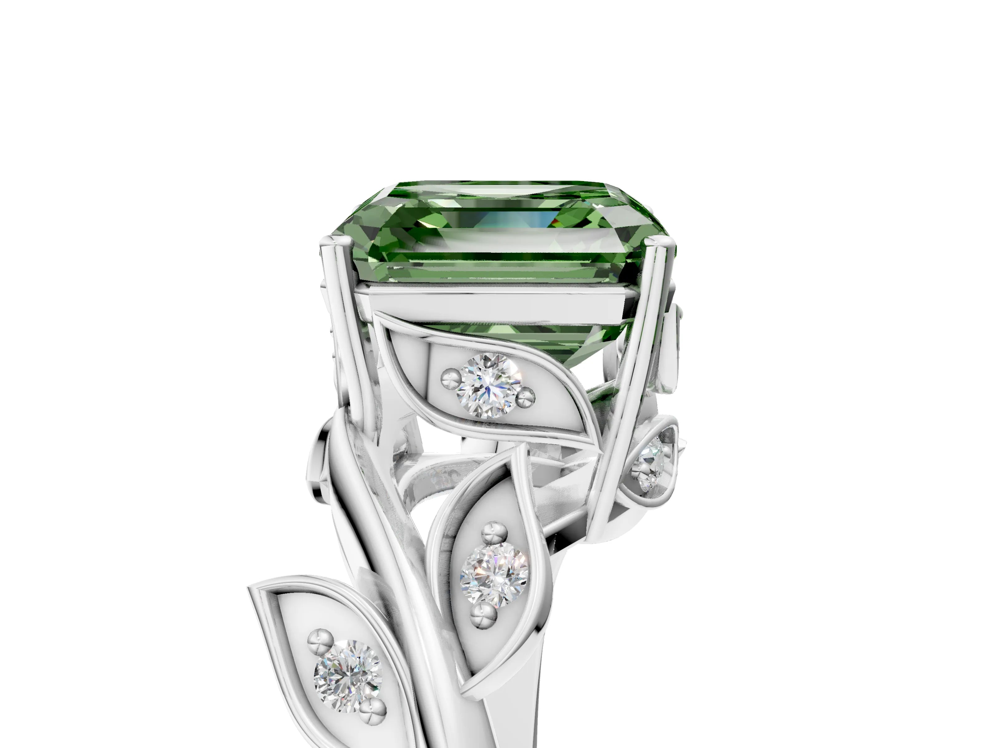 White gold Fancy Green Asscher Cut Solitaire Twist Engagement Ring with Leaf Accents and Prong Setting_5