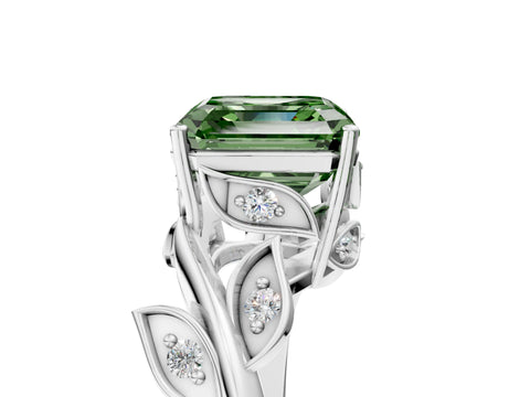 White gold Fancy Green Asscher Cut Solitaire Twist Engagement Ring with Leaf Accents and Prong Setting_5